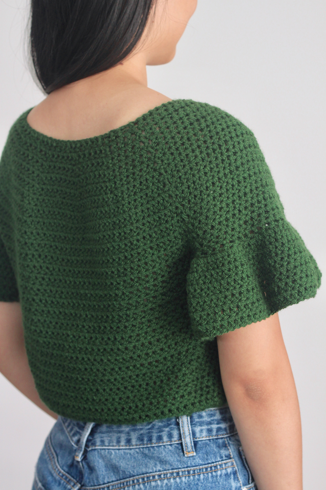 back view of crochet ruffle sleeve top