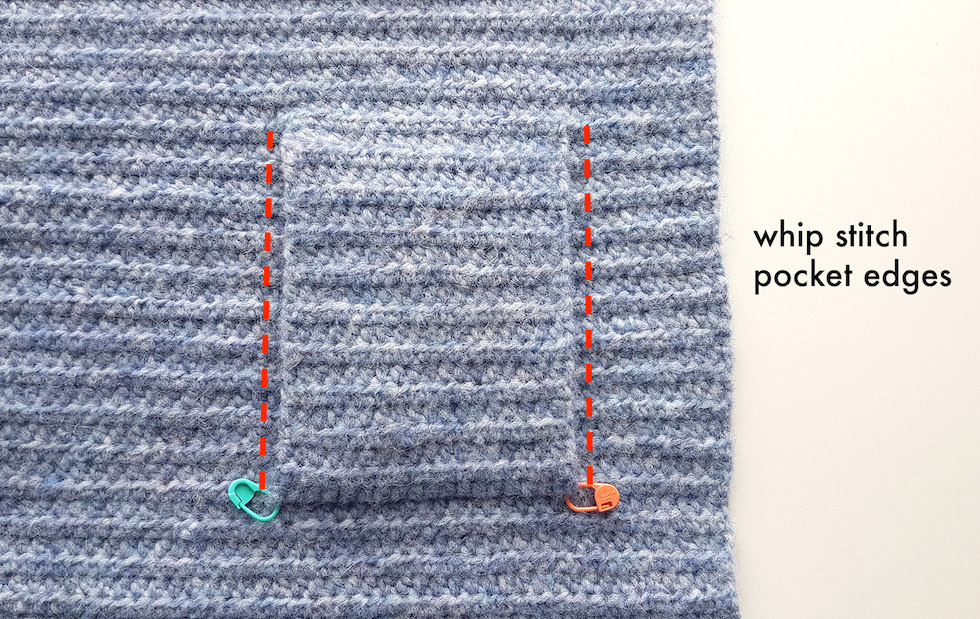 whip stitch pockets to back of crochet cardigan
