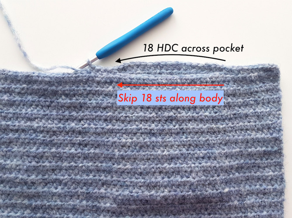 Joining crochet pockets to body of cardigan