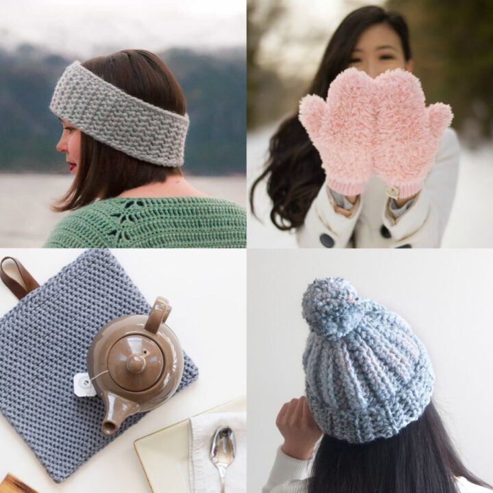 easy crochet gifts wearwarmer faux fur mittens dish cloth chunky pom pom beanie