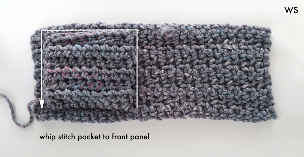 Pattern photo of chunky knit crochet cardigan showing how to front loop around pocket hole
