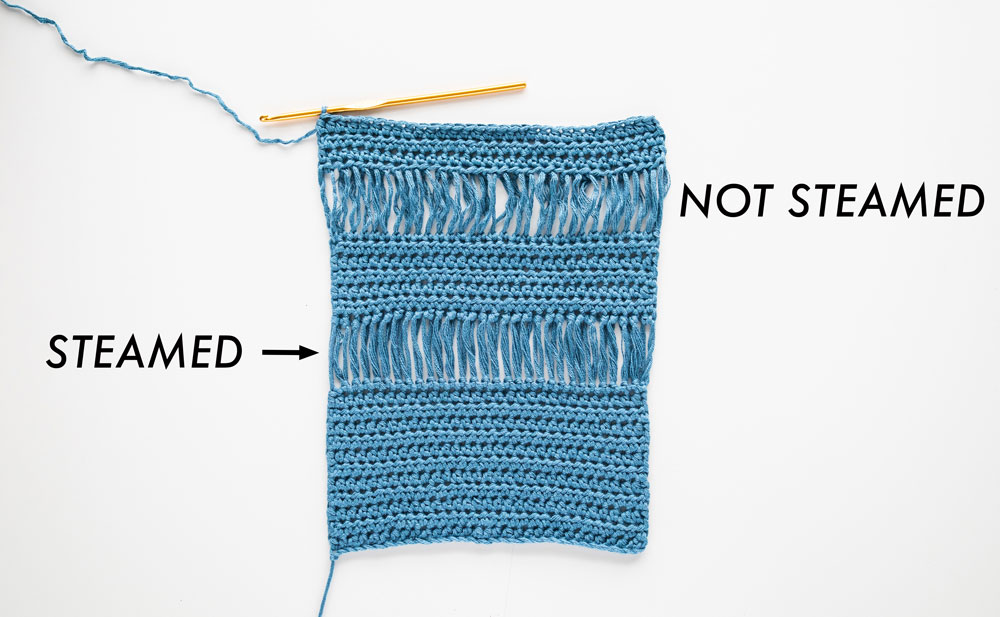 comparison between steamed crochet drop loop stitches which are straight versus not steamed wrinkled stitches
