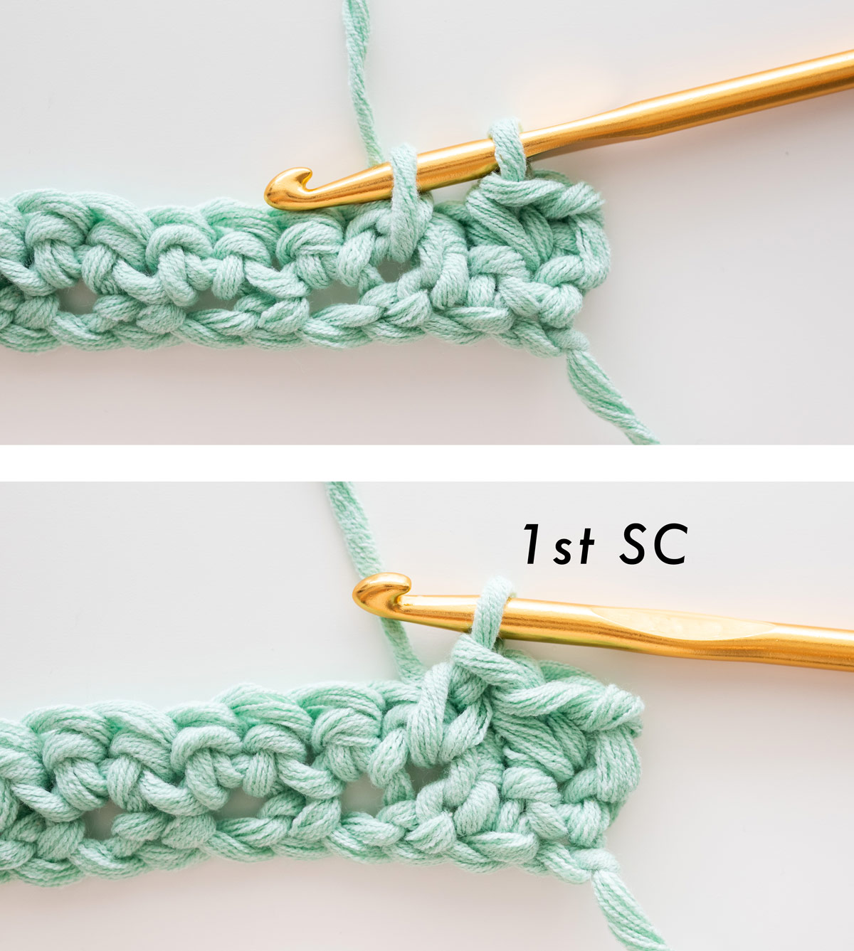 first single crochet of crochet cluster linen stitch