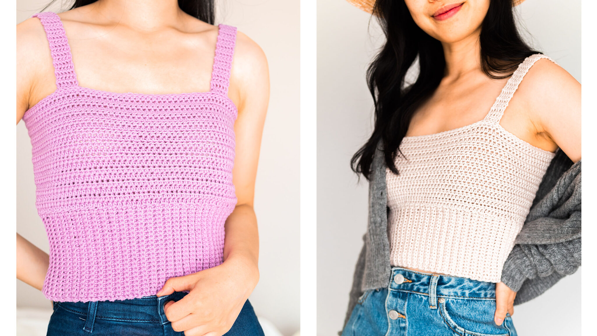 left image of lilac loose fitting tank top and right image of beige fitted crochet crop top