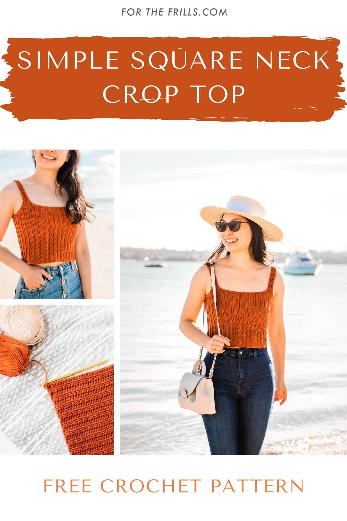 pinterest image of square neck ribbed crochet crop top with text saying free crochet pattern