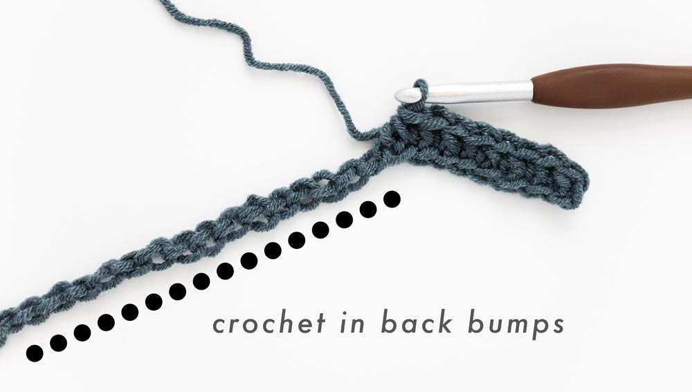 c6mm crochet hook working half double crochets in the back bumps of foundation chain