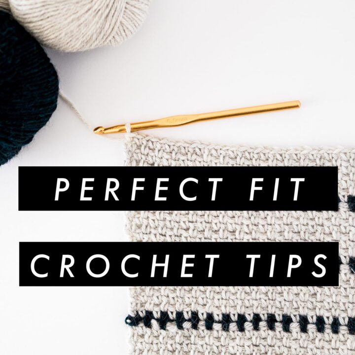 flat lay of linen stitch crochet swatch in grey and navy blue alpaca yarn in breton strip pattern